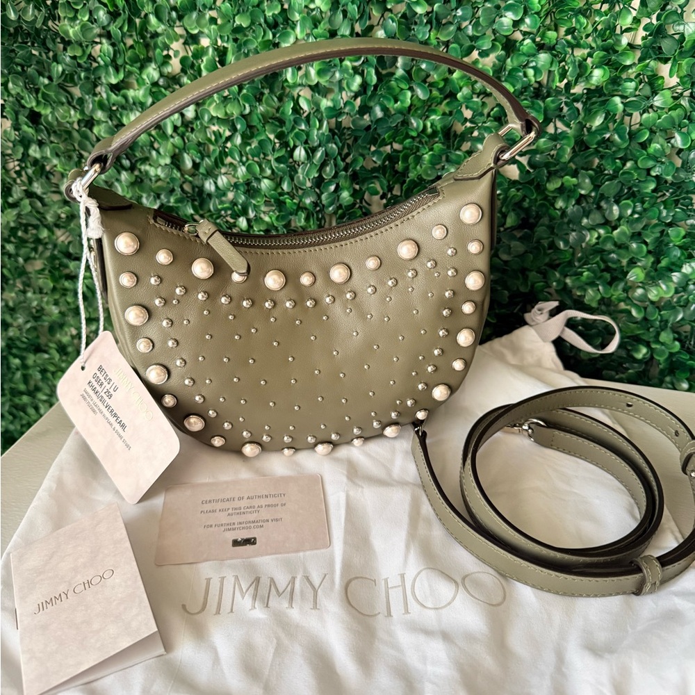 Jimmy Choo Olive / Khaki Pearl Studded Leather Hobo Bag NWT